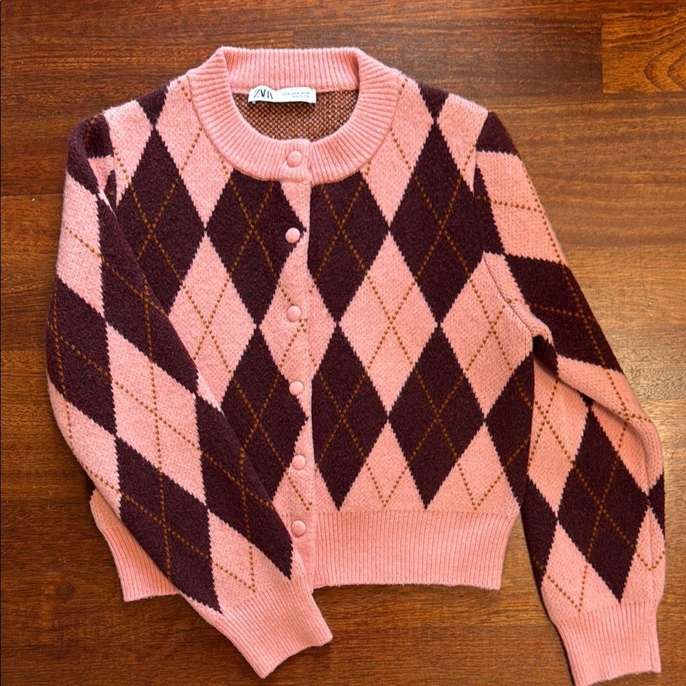 Zara Pink and Purple Cardigan Sweater Argyle Pattern
